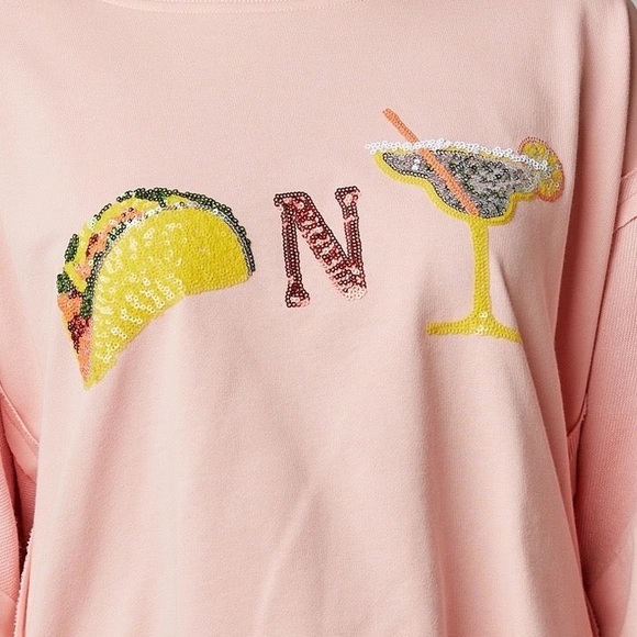 Boutique Fantastic Fawn Tacos & Margaritas Sequin Patch Light Pink Sweatshirt 🌮🍹 - Picture 3 of 14